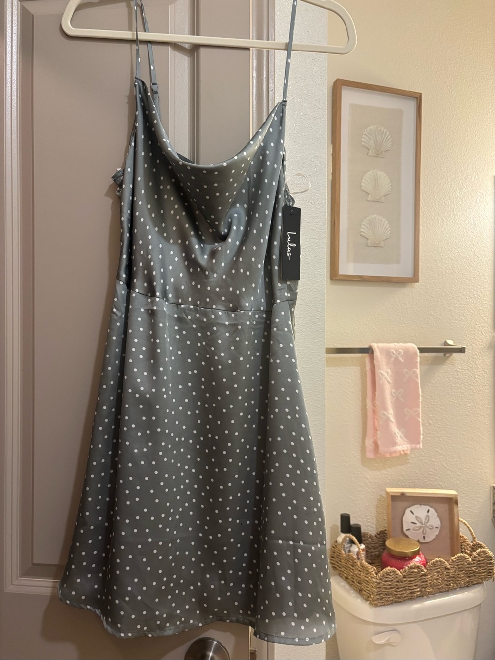Lulu's Gray Polka Dot Cowl Neck Slip Dress